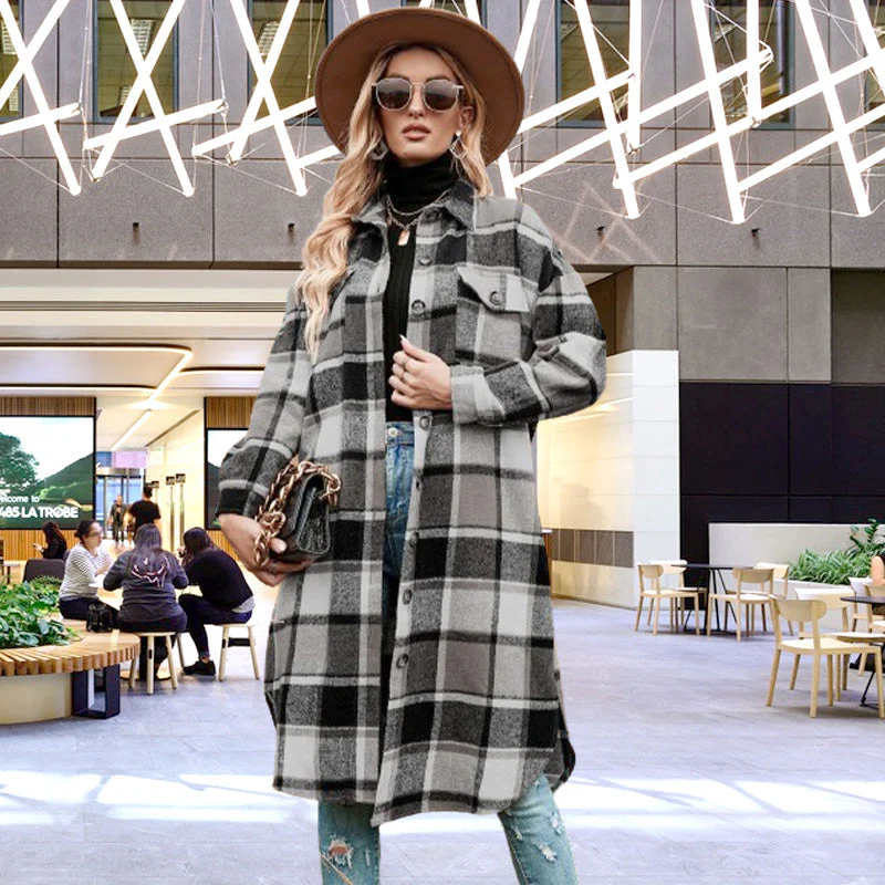 [Best Gift For Her] Women's Plaid Print Long Sleeve Warm Tweed Coat - Image 16