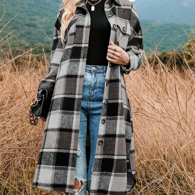 [Best Gift For Her] Women's Plaid Print Long Sleeve Warm Tweed Coat - Image 5