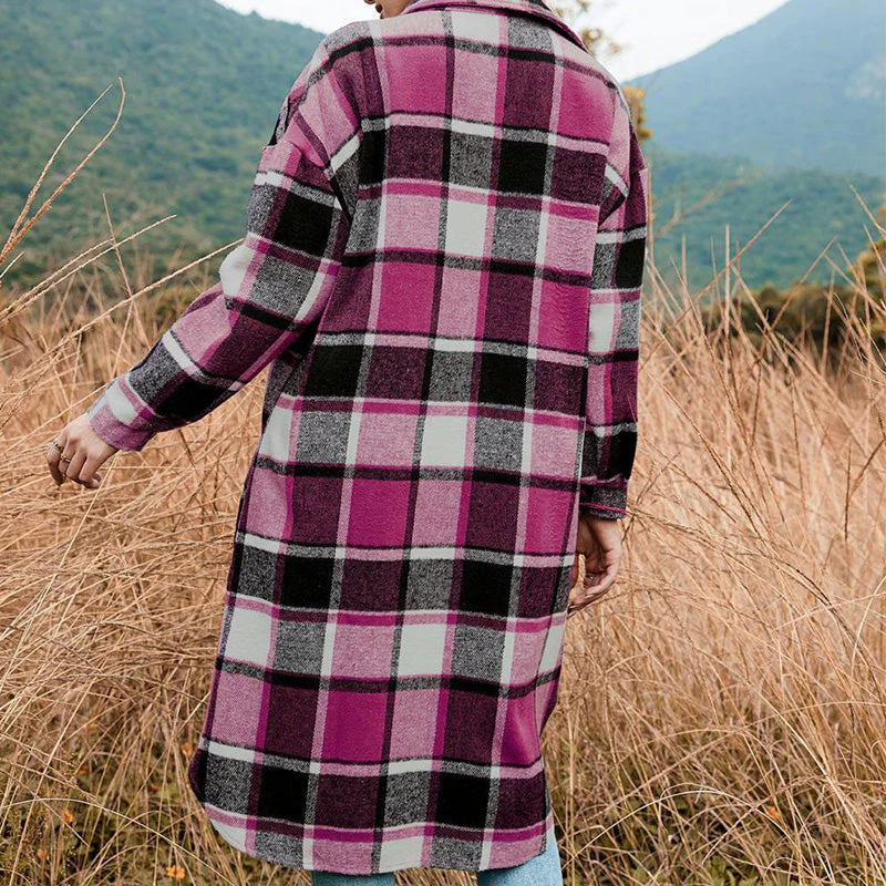 [Best Gift For Her] Women's Plaid Print Long Sleeve Warm Tweed Coat - Image 6
