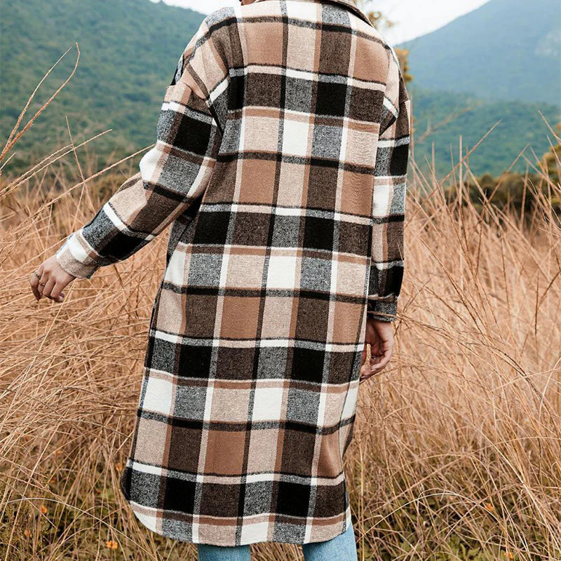 [Best Gift For Her] Women's Plaid Print Long Sleeve Warm Tweed Coat - Image 7