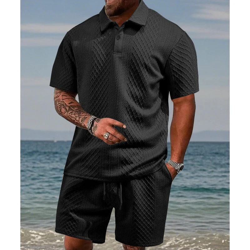 Men’s Diamond Pattern Turn-Down Collar Short Sleeve Top & Drawstring Shorts 2-Piece Set - Image 6