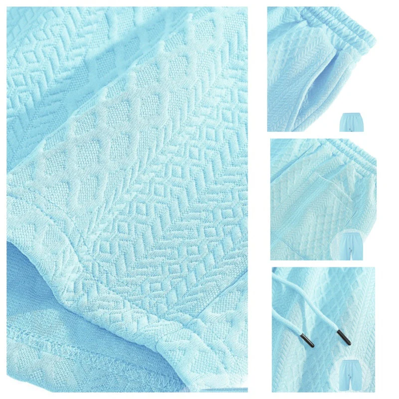 Men’s Diamond Pattern Turn-Down Collar Short Sleeve Top & Drawstring Shorts 2-Piece Set - Image 9