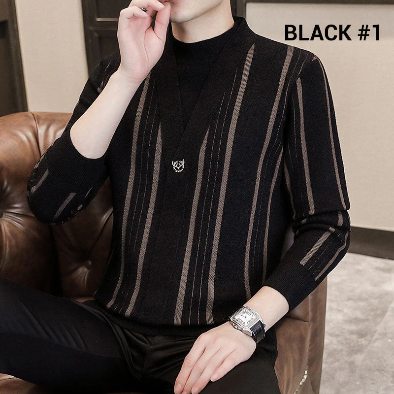 Men's Knit Striped Faux Two Piece Sweater - Image 10