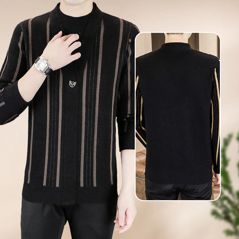 Men's Knit Striped Faux Two Piece Sweater - Image 4