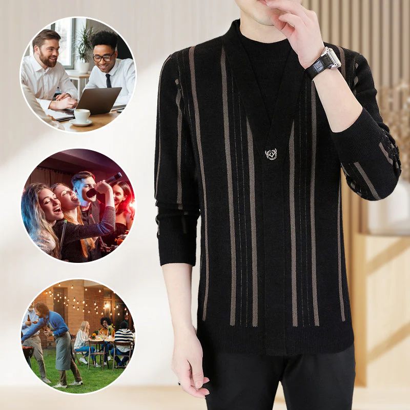Men's Knit Striped Faux Two Piece Sweater - Image 7