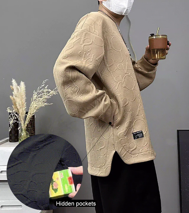 Embossed Print Hidden Pocket Hoodie - Image 4