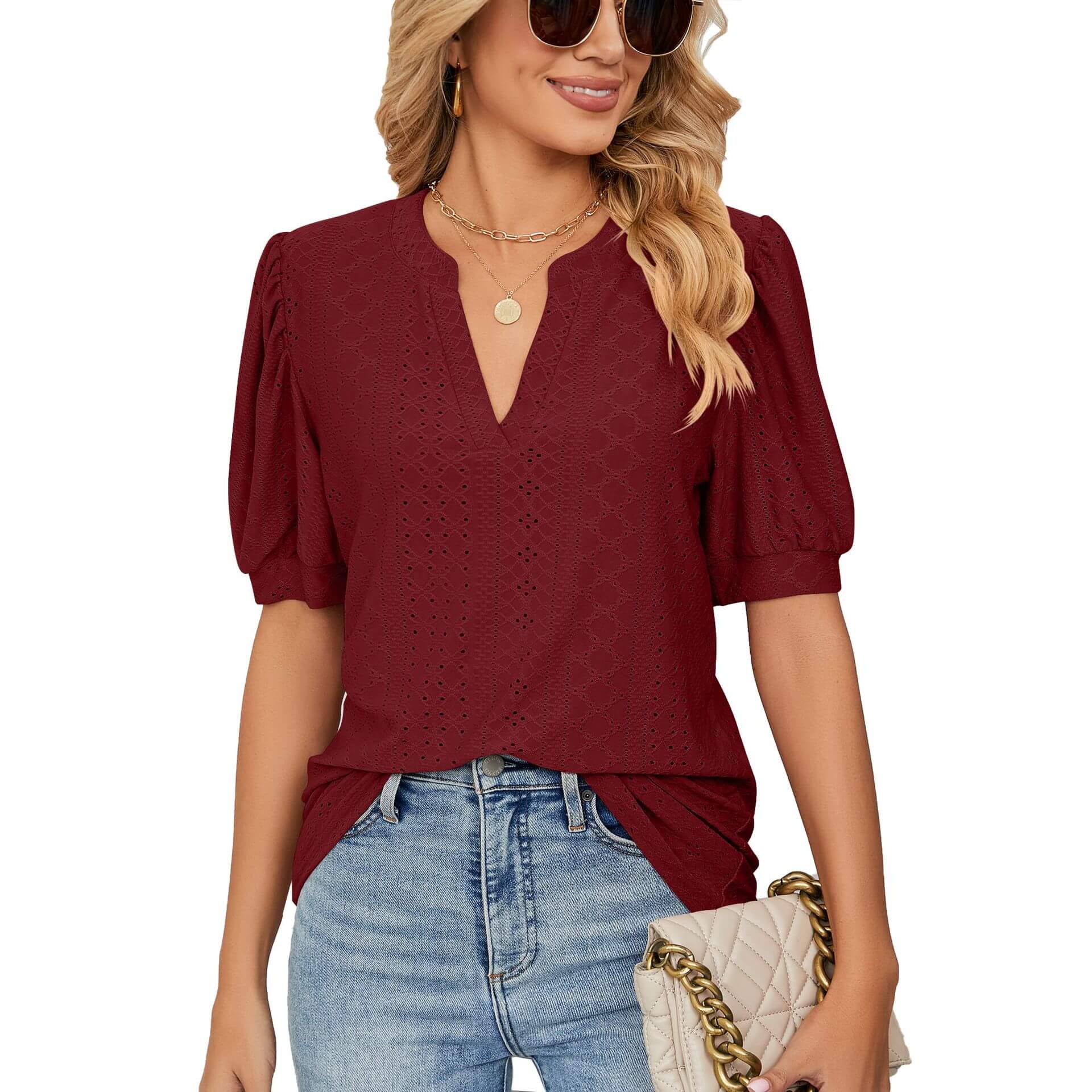 Loose Solid Color T-Shirt Top with Hollow Bubble Sleeves - Image 7